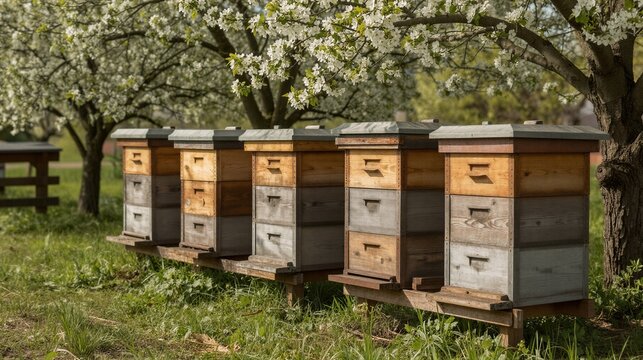 A serene row of Langstroth beehives stands in a lush green field surrounded by blooming white-flowered trees and warm sunlight.