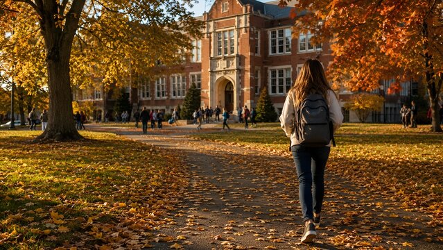 Student Walking Across Autumn Campus with Golden Trees and Fallen Leaves