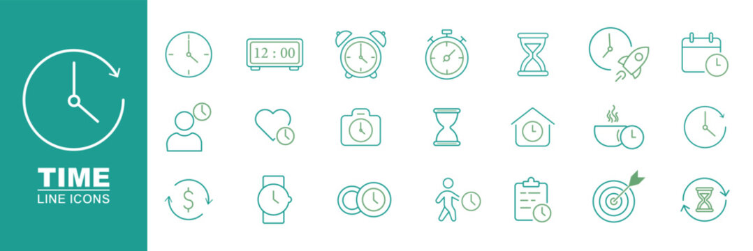 Time icons set representing clock, schedule, deadline, timer, calendar, productivity, time management and planning concepts. Editable Stroke. Time, date and address concept editable stroke outline