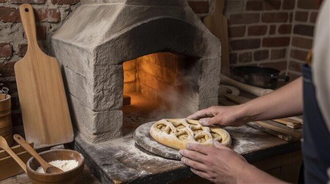 A baker expertly places a traditional Twente Klinkert bread into a glowing wood-fired oven in a charming Overijssel kitchen.
