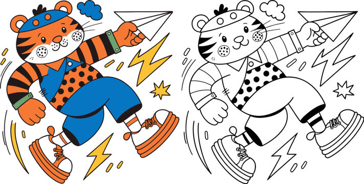Cute cartoon tiger character with paper plane coloring page Vector, illustration