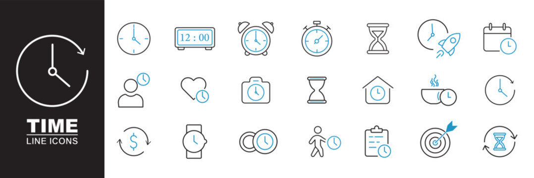 Time icons set representing clock, schedule, deadline, timer, calendar, productivity, time management and planning concepts. Editable Stroke. Time, date and address concept editable stroke outline