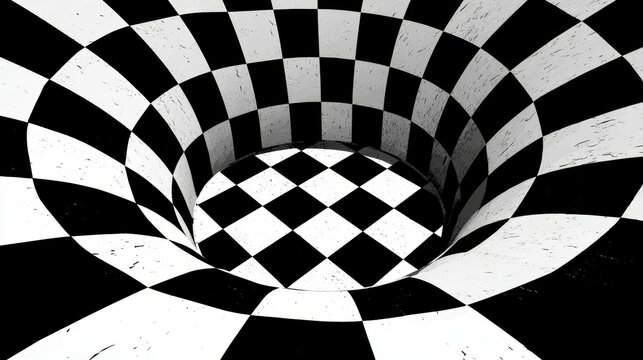 Abstract geometric pattern vortex featuring a black and white checkered tunnel optical illusion design concept