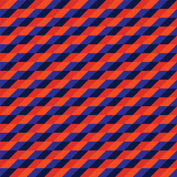 Seamless pattern created from dark navy blue, bright luminous blue, orange and red parallelograms