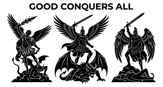 Angelic warriors in silhouette battling demons with swords and fiery weapons against a light background for spiritual concepts