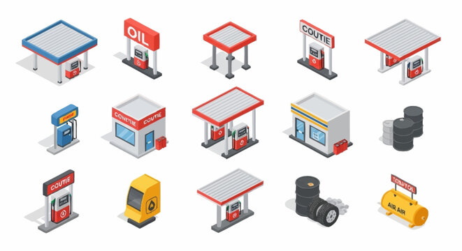 Collection of isometric gas station icons and elements, including pumps, signs, and barrels.