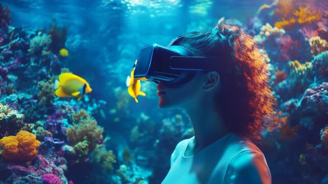 Young woman wearing virtual reality headset underwater near colorful coral reef and tropical fish showing immersive ocean exploration futuristic travel technology marine adventure and digital diving