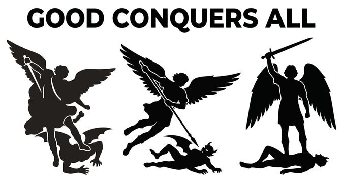 Angels battling demons in silhouette during a celestial conflict concept