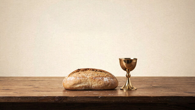 Bread and Communion Cup on Wooden Table in Religious Setting