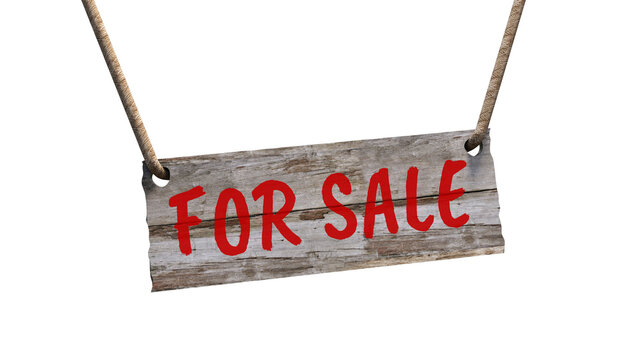 Rustic hanging wooden sign with "For Sale" inscription isolated on a white background, real estate concept