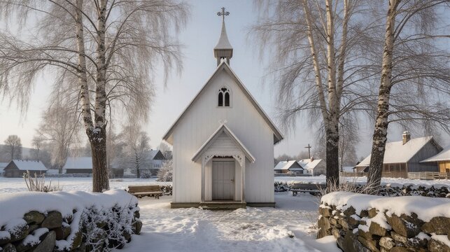 A small white Scandinavian-style church stands serene in a snow-covered winter landscape surrounded by birch trees and stone walls.