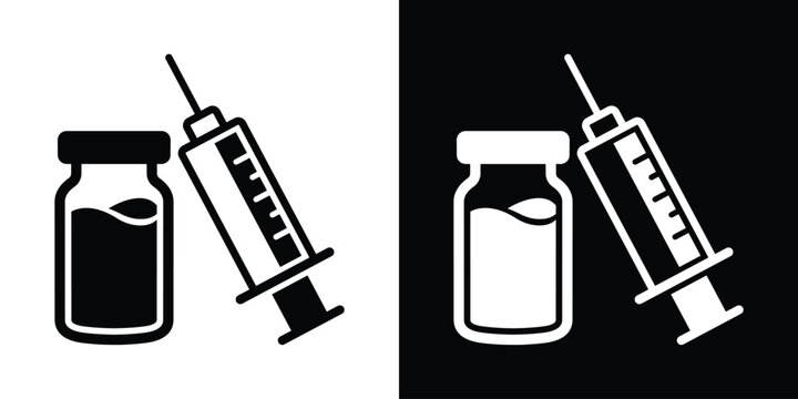 Medical vial with an injection syringe vector icon. Vaccination dose, insulin treatment, and healthcare concept graphic set.