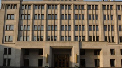 Obraz premium A stately institutional building with a light gray stone facade and ornate entrance features is illuminated by warm afternoon sunlight in an urban environment.