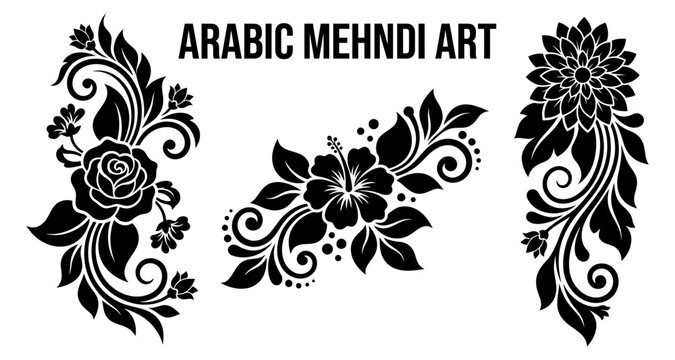 Black floral henna designs with swirling leaves and rose elements for body art and decoration Vector Silhouette