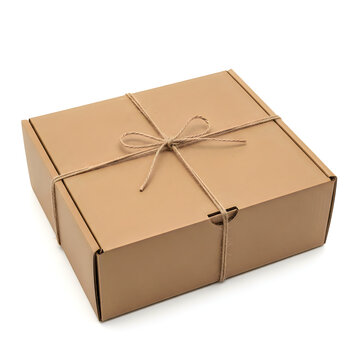 Brown gift box wrapped with twine on neutral background