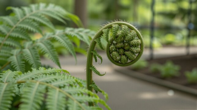 In a lush garden setting, a delicate young fern fiddlehead unfurls its fuzzy stem and tightly coiled fronds amidst a tapestry of verdant foliage and worn pavement.