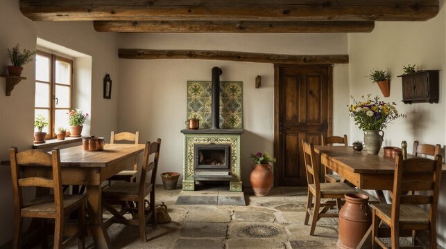 A rustic dining room with exposed wooden beams and stone floor, featuring a traditional ceramic tile stove and warm, inviting atmosphere.