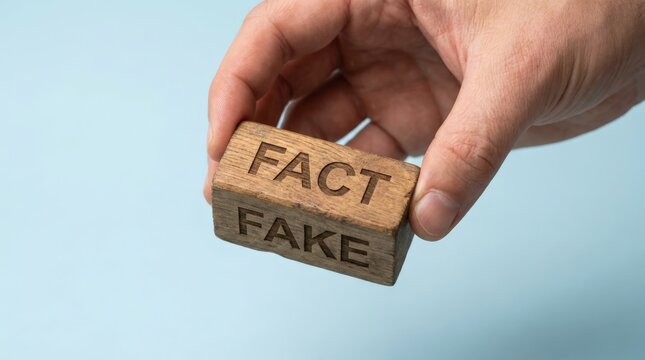 Hand holding wooden block engraved with fact and fake text.