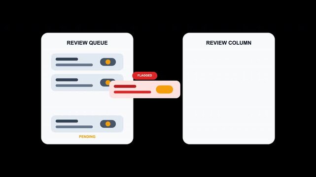Review queue column interface design software task management list items drag drop action. Suitable for software development websites and project management tools.