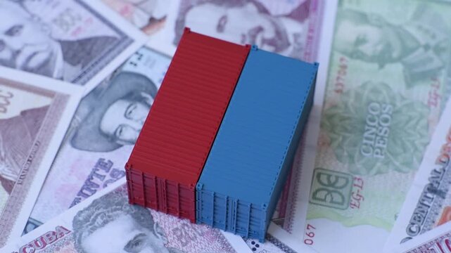 Cargo containers on the Cuba flag as a conceptual backdrop for goods export and logistics. Cargo containers on the Cuban flag as a background for your design