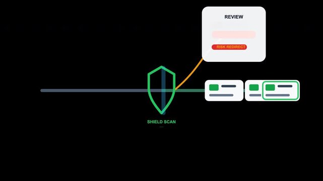 Suitable for technology websites or cybersecurity blogs, illustrating a digital shield scan interface with data blocks and connection lines.