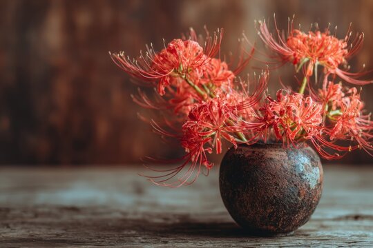 Bouquet of red Lycoris spider flowers in a ceramic vase, delicate spidery petals