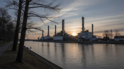Obraz premium An industrial facility stands serene against a backdrop of autumnal foliage and sunset glow along the Ústí nad Labem Elbe River.