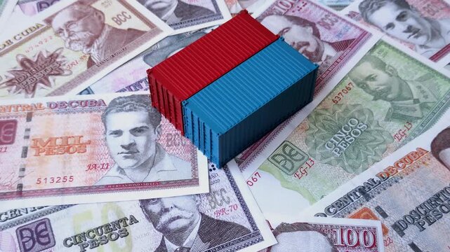 Cargo containers on the Cuba flag as a conceptual backdrop for goods export and logistics. Cargo containers on the Cuban flag as a background for your design