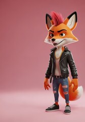 Obraz premium Cool Punk Fox Character in Leather Jacket with Red Mohawk and Ripped Jeans on Pink Background