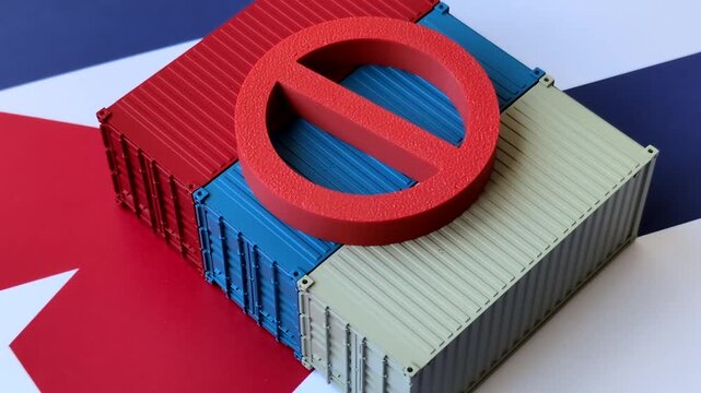 The cargo container ban on the Cuba flag as a conceptual backdrop for the export and logistics of goods. The cargo container embargo on the Cuban flag as a backdrop for your design