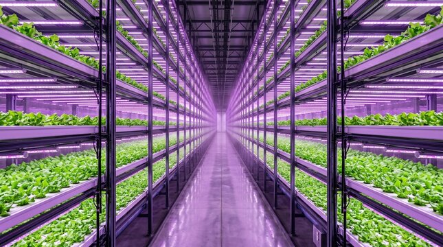 Futuristic Large Scale Vertical Farming Facility with LED Grow Lights and Hydroponic Agriculture Technology