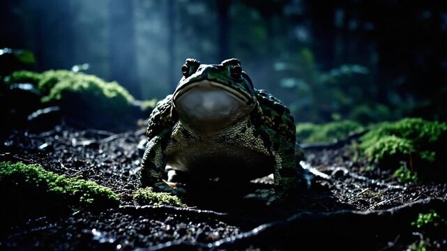 A detailed close up of a textured green toad in nature