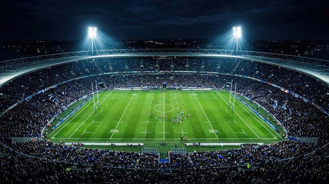 A packed rugby stadium with bright lights shining down on the green field at nighttime during.