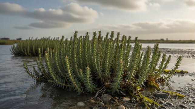 In the golden light of sunset, a dense cluster of spiny sea buckthorn thrives in the shallow waters of a coastal estuary, surrounded by pebbles and reflected in the calm tidal