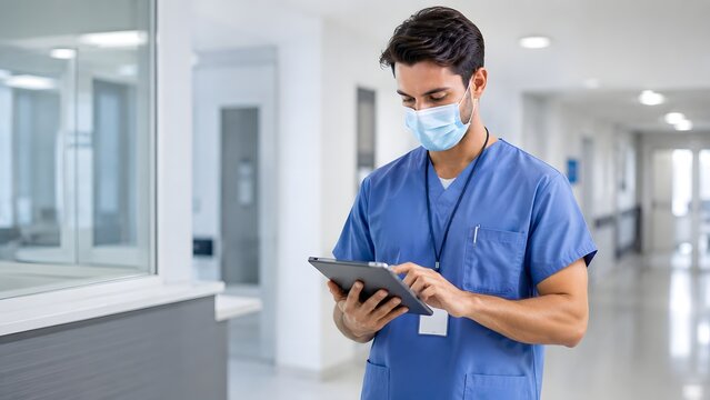 A male nurse or doctor in blue scrubs and a face mask using a digital tablet while standing in a hospital corridor