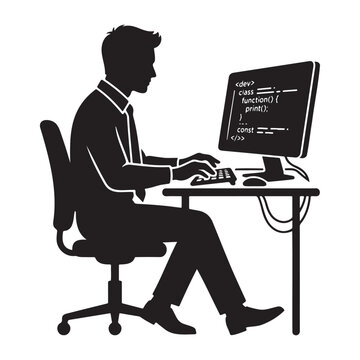 Software Developer Programming at Desktop Computer Silhouette Vector
