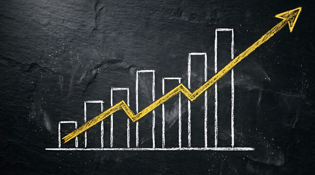 Bar chart with rising arrow drawn in chalk on a slate surface illustrating financial growth