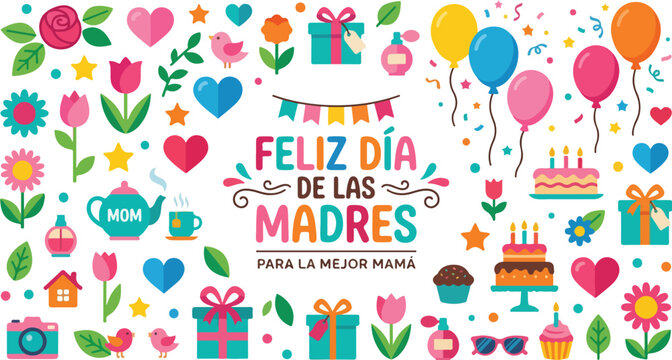 Mother's day celebration elements set in spanish with floral icons