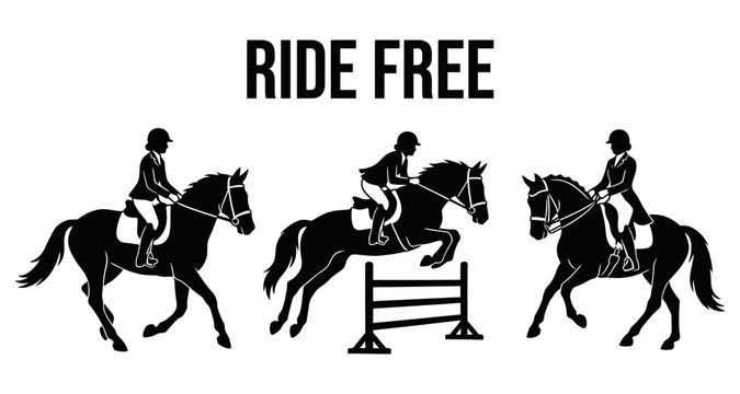 Equestrian riders on horseback jumping and trotting in silhouette during daytime with copy space