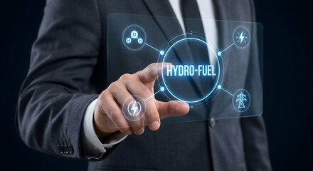 Fototapeta premium Hydro fuel concept new energy solution with hydrogen power icons and electrical grid on interactive screen.
