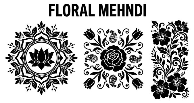 Floral Henna Patterns Vector Silhouette Collection for Body Art Decoration