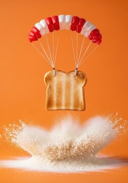 Creative Concept of Toasted Bread Slice Landing with a Parachute on Flour Splash Against Orange Background