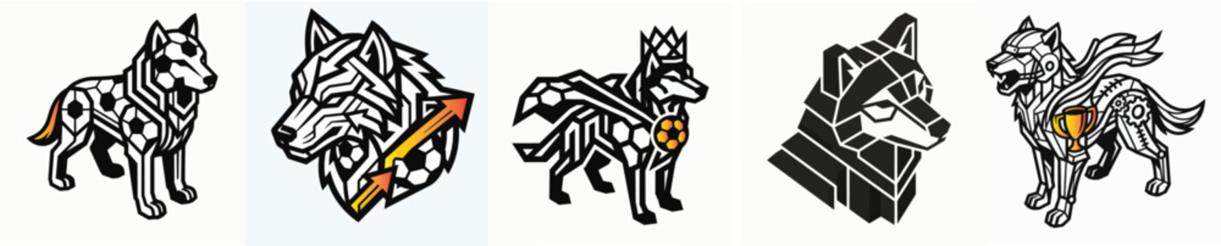 Set of geometric cybernetic wolf icons, robotic husky and wild dog line art emblems