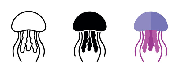 Set of three jellyfish icons in outline, solid black, and flat color styles © Maureen