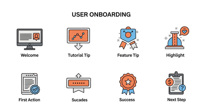 User Onboarding Icons: Welcome, Tutorial, Feature, Highlight, First Action, Success