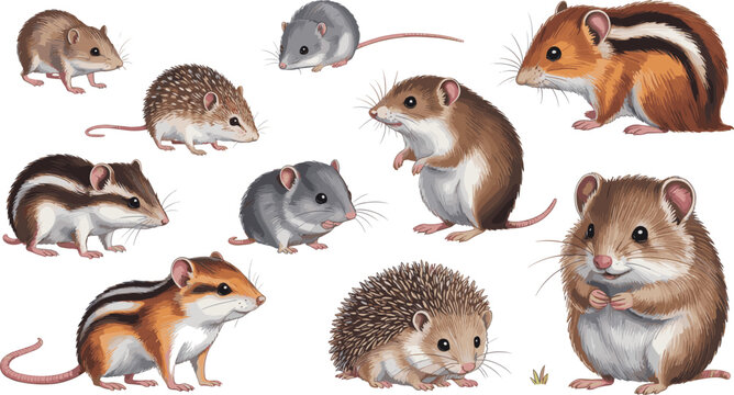 Rodent and Small Mammal Illustration Set with Mice, Gerbils, Hamsters, and Hedgehogs