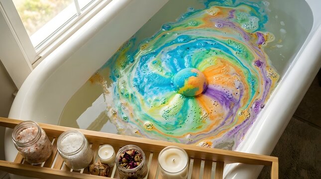 Close-up of colorful bath bomb dissolving in a bathtub with bath salts and candles on tray, creating a swirling vibrant pattern for relaxation and self-care