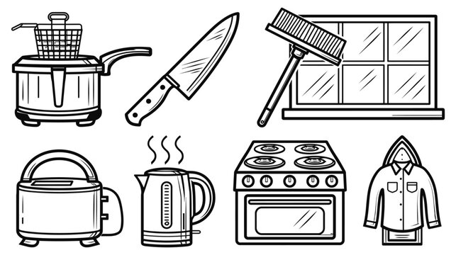 Appliance icon set deep fryer knife window brush kettle stove