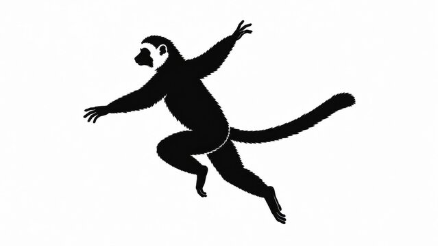 Minimalist lemur silhouette jumping, black and white primate icon, leaping sifaka lemur graphic isolated on white background