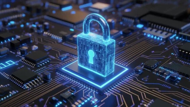 A glowing blue digital padlock on a circuit board, symbolizing cybersecurity, encryption, and data protection in a futuristic network environment.